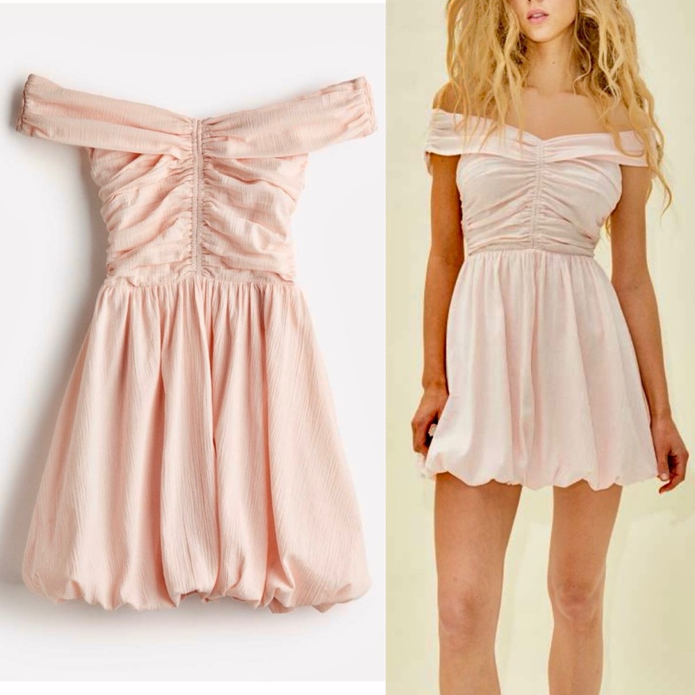 Off-Shoulder Pink Mini Dress with Ruched Bodice